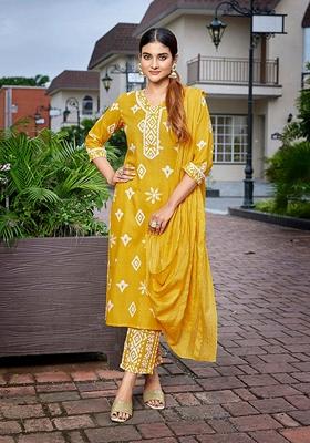 Mustard Yellow Printed Cotton Blend Salwar Kameez With Dupatta