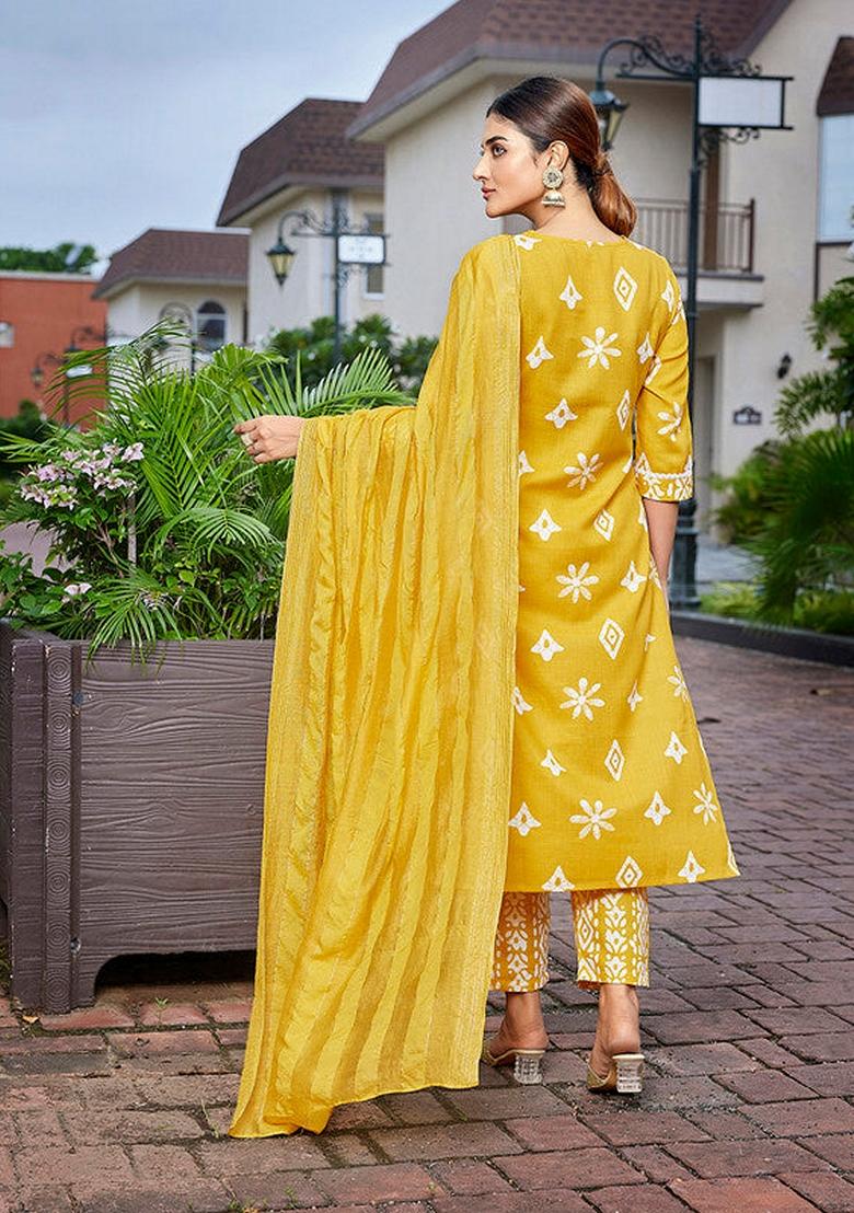 Mustard Yellow Printed Cotton Blend Salwar Kameez With Dupatta