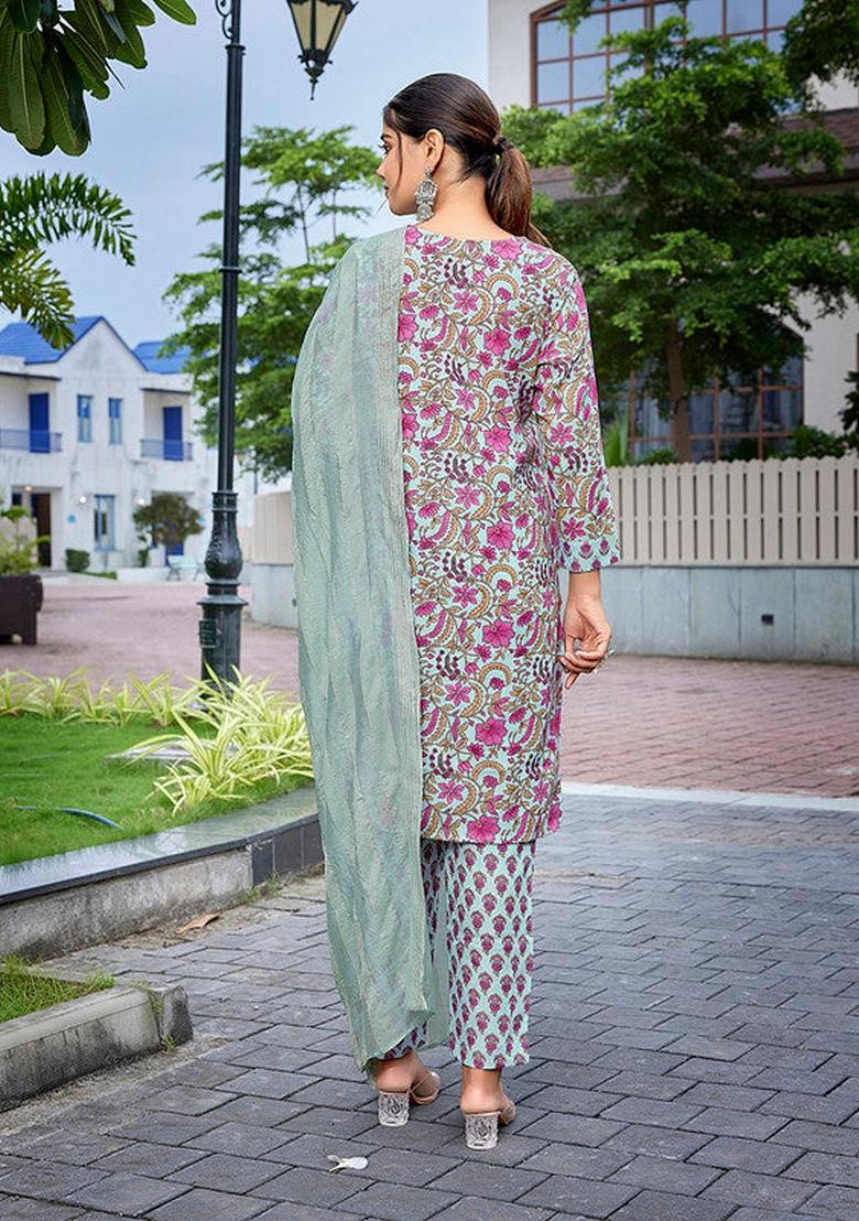 Multicolour Printed Cotton Blend Salwar Kameez With Dupatta