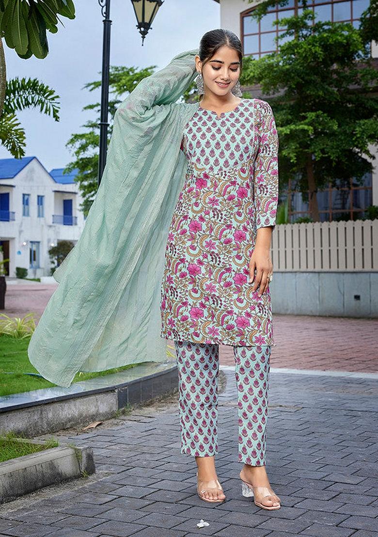 Multicolour Printed Cotton Blend Salwar Kameez With Dupatta