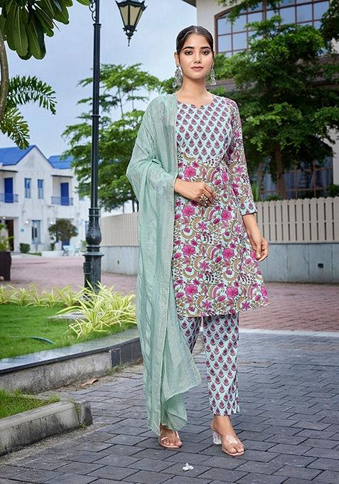 Multicolour Printed Cotton Blend Salwar Kameez With Dupatta