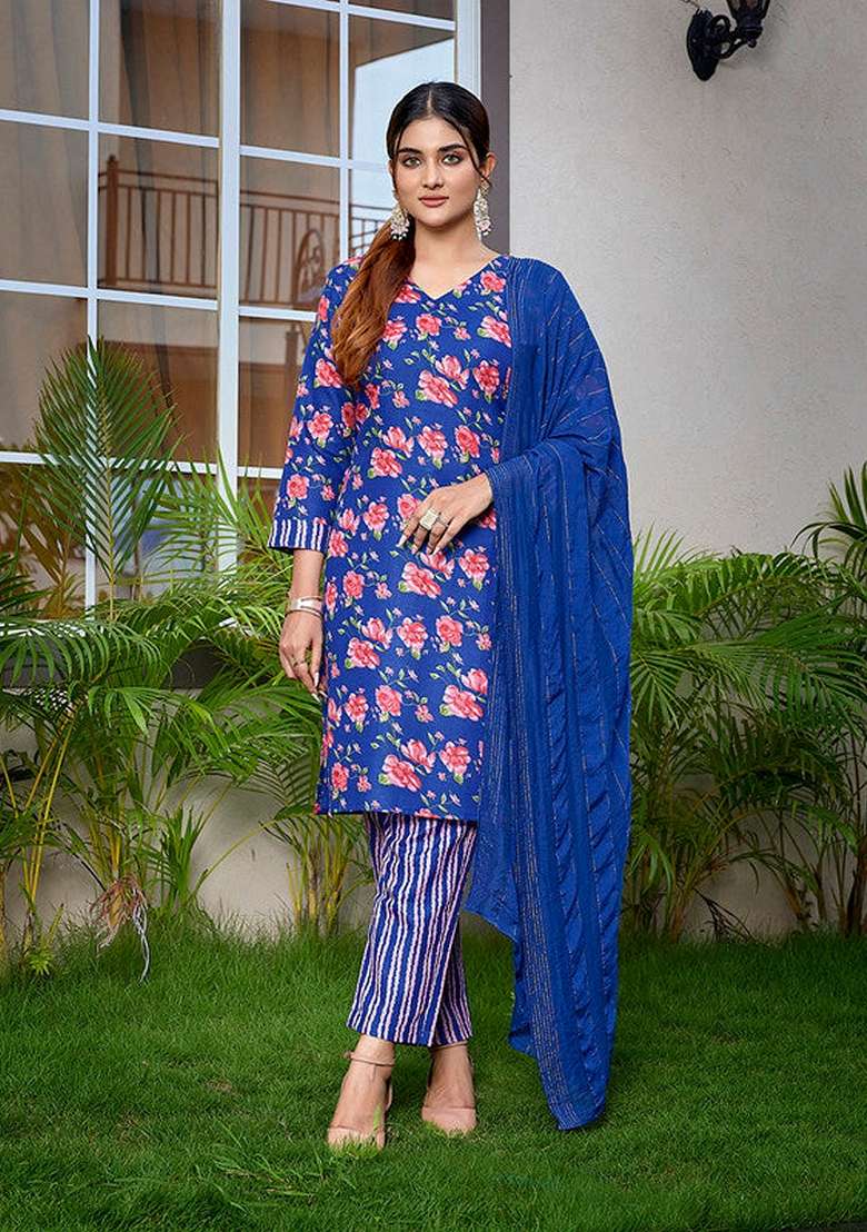 Blue Floral Print Cotton Straight Kurta Set - Indya