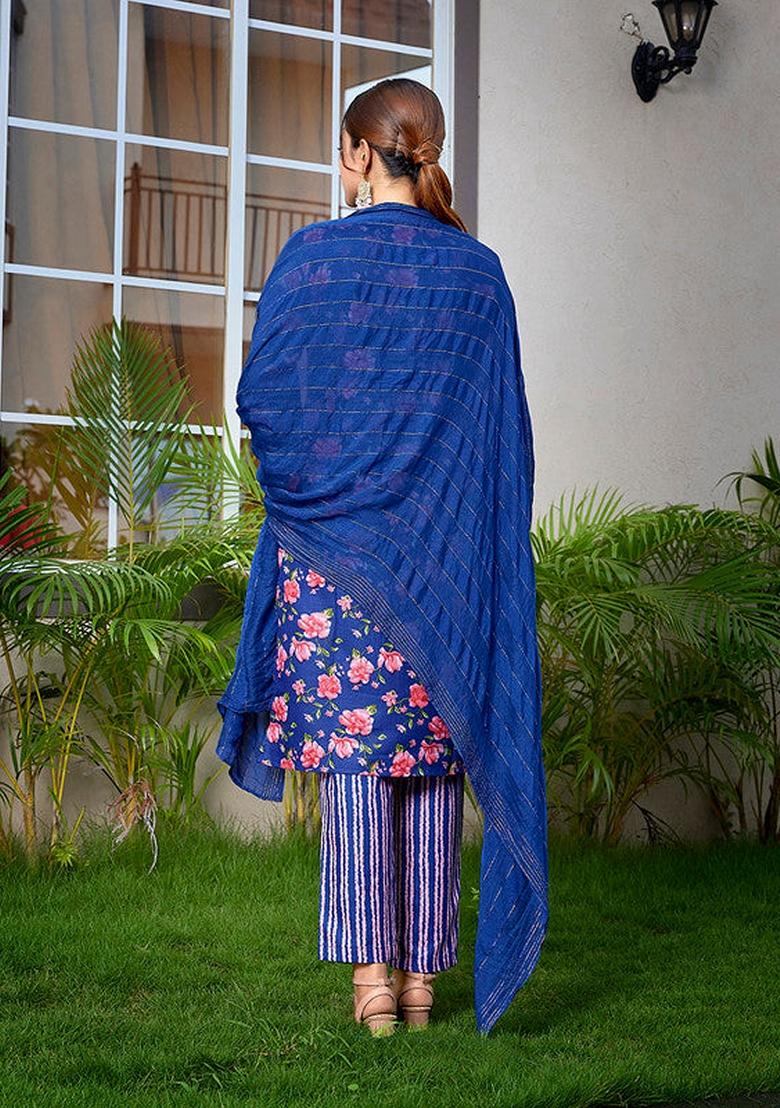 Blue Printed Cotton Blend Salwar Kameez With Dupatta