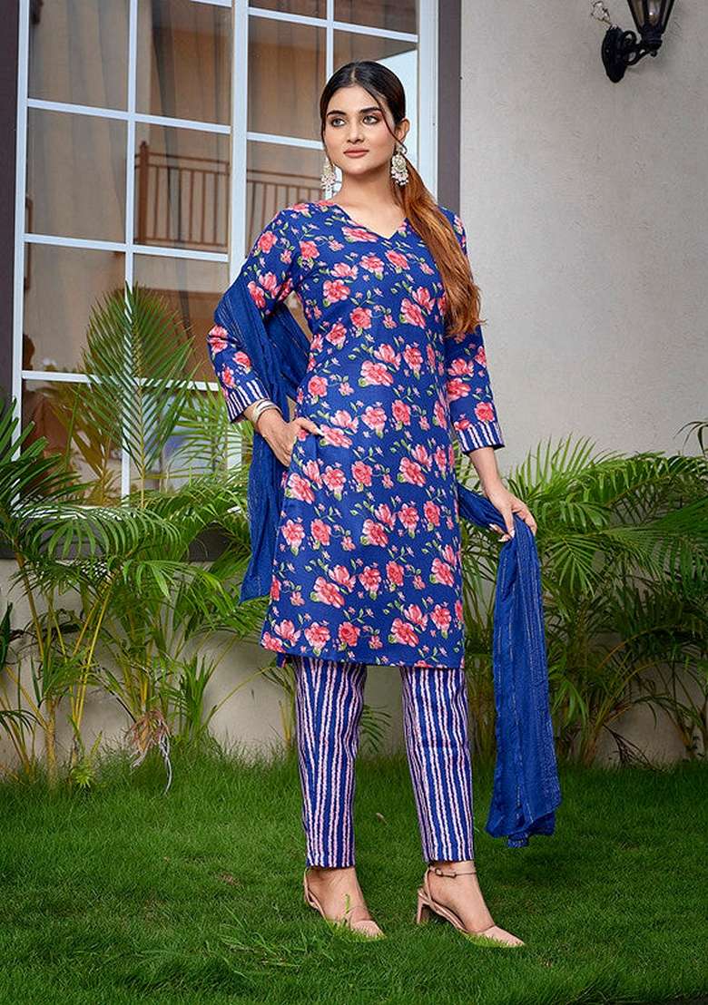 Blue Floral Print Cotton Straight Kurta Set - Indya