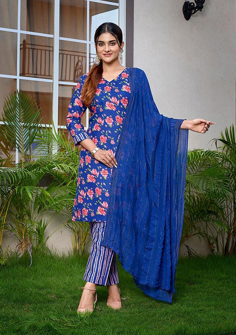 Blue Printed Cotton Blend Salwar Kameez With Dupatta