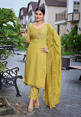 Yellow Solid Cotton Blend Salwar Kameez With Dupatta