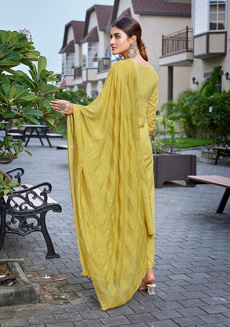 Yellow Solid Cotton Blend Salwar Kameez With Dupatta