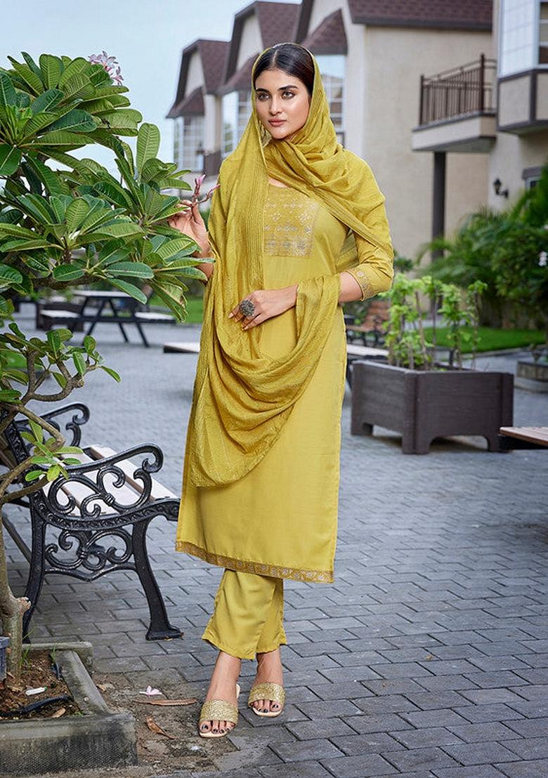Yellow Solid Cotton Blend Salwar Kameez With Dupatta