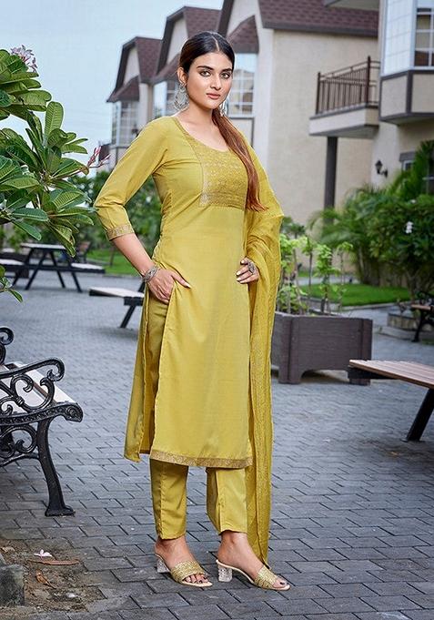 Yellow Solid Cotton Blend Salwar Kameez With Dupatta