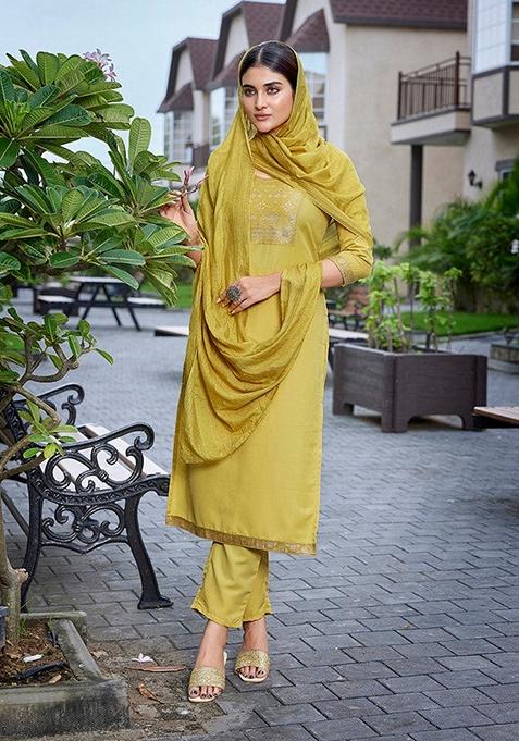 Yellow Solid Cotton Blend Salwar Kameez With Dupatta