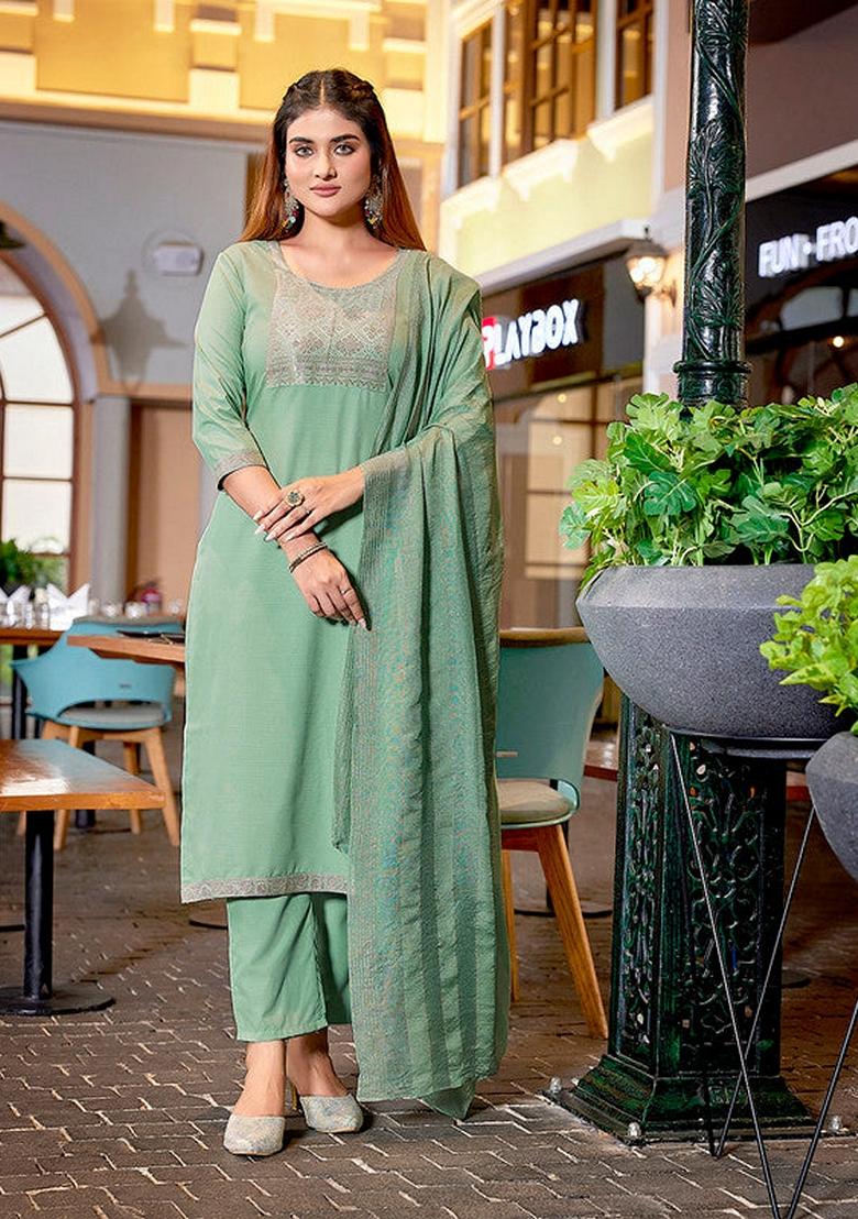 Pista Green Solid Cotton Blend Salwar Kameez With Dupatta