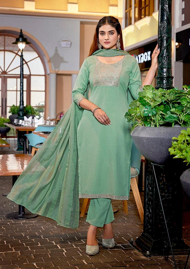 Pista Green Solid Cotton Blend Salwar Kameez With Dupatta