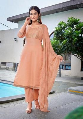 Peach Solid Cotton Blend Salwar Kameez With Dupatta