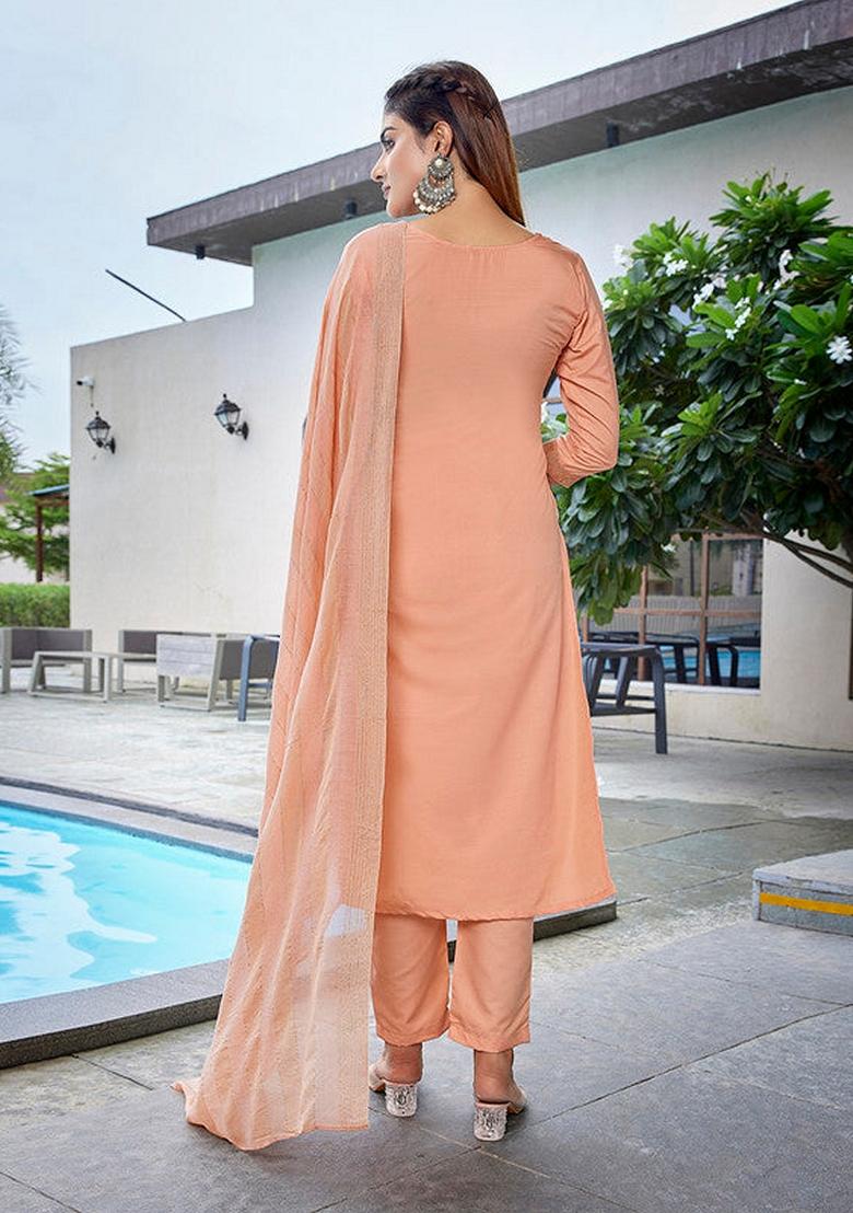 Peach Solid Cotton Blend Salwar Kameez With Dupatta