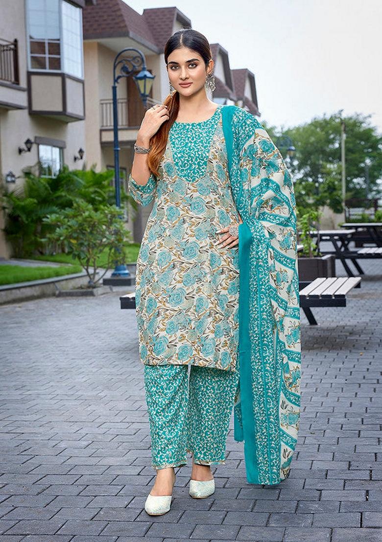 Sea Green Printed Cotton Blend Salwar Kameez With Dupatta