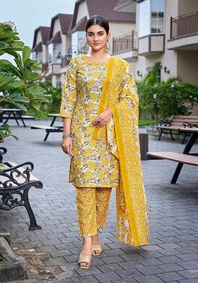 Yellow Printed Cotton Blend Salwar Kameez With Dupatta