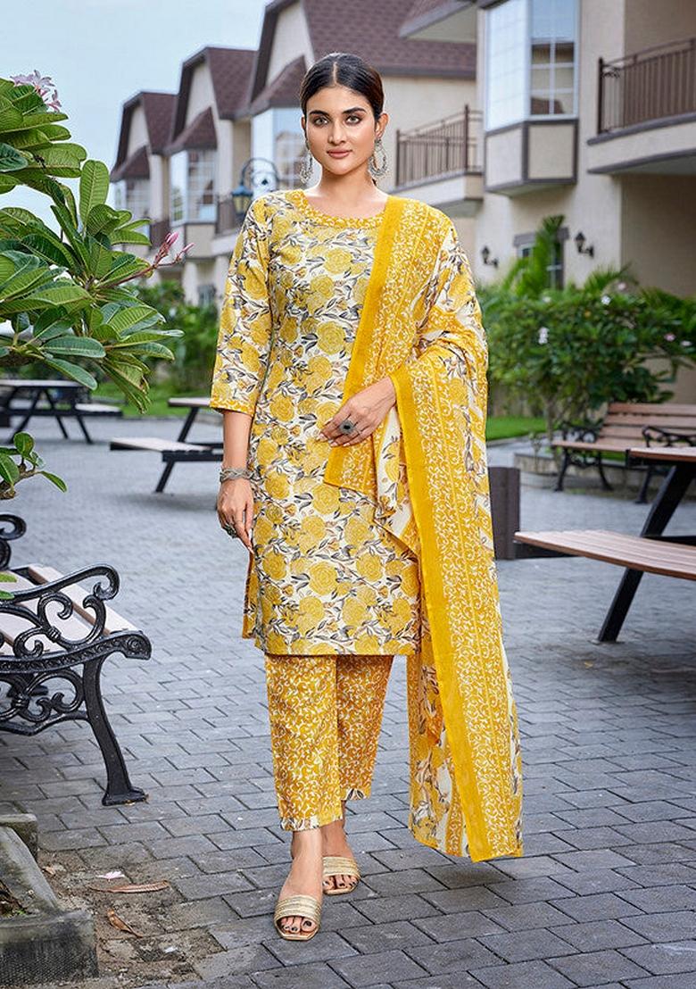 Yellow Printed Cotton Blend Salwar Kameez With Dupatta
