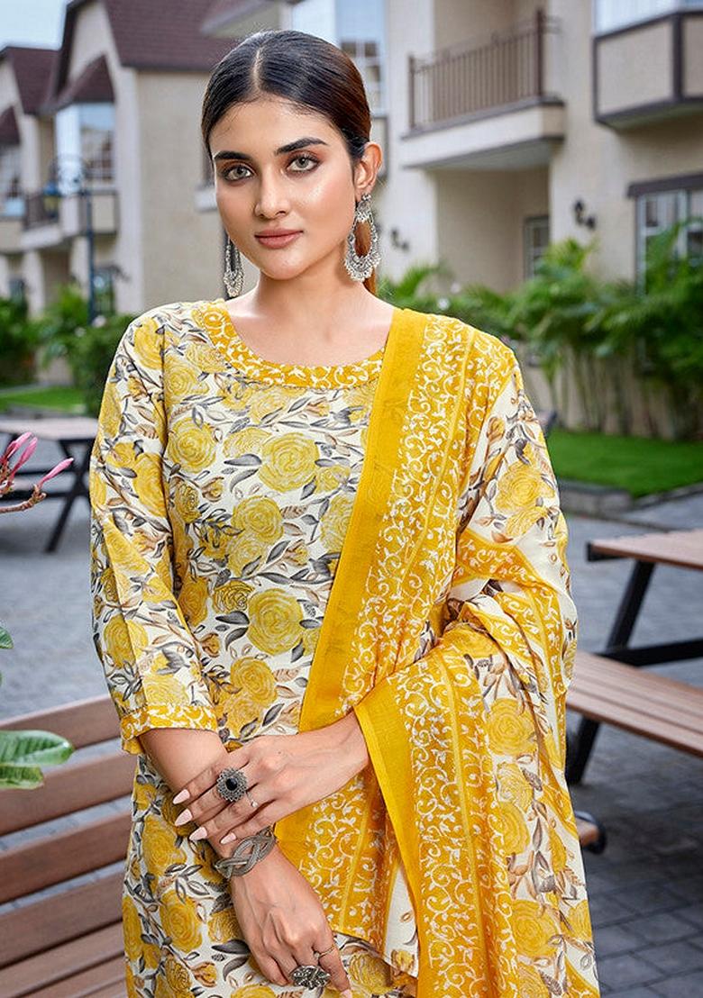 Yellow Printed Cotton Blend Salwar Kameez With Dupatta