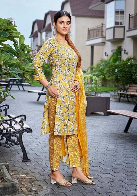 Yellow Printed Cotton Blend Salwar Kameez With Dupatta