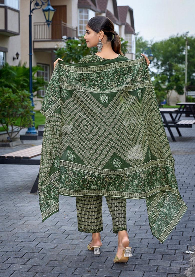 Bottle Green Printed Cotton Blend Salwar Kameez With Dupatta