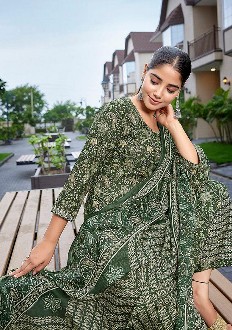 Bottle Green Printed Cotton Blend Salwar Kameez With Dupatta