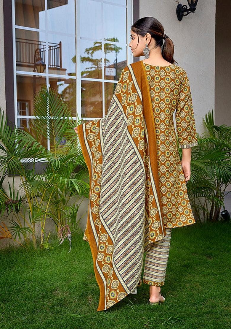 Mustard Yellow Printed Cotton Blend Salwar Kameez With Dupatta