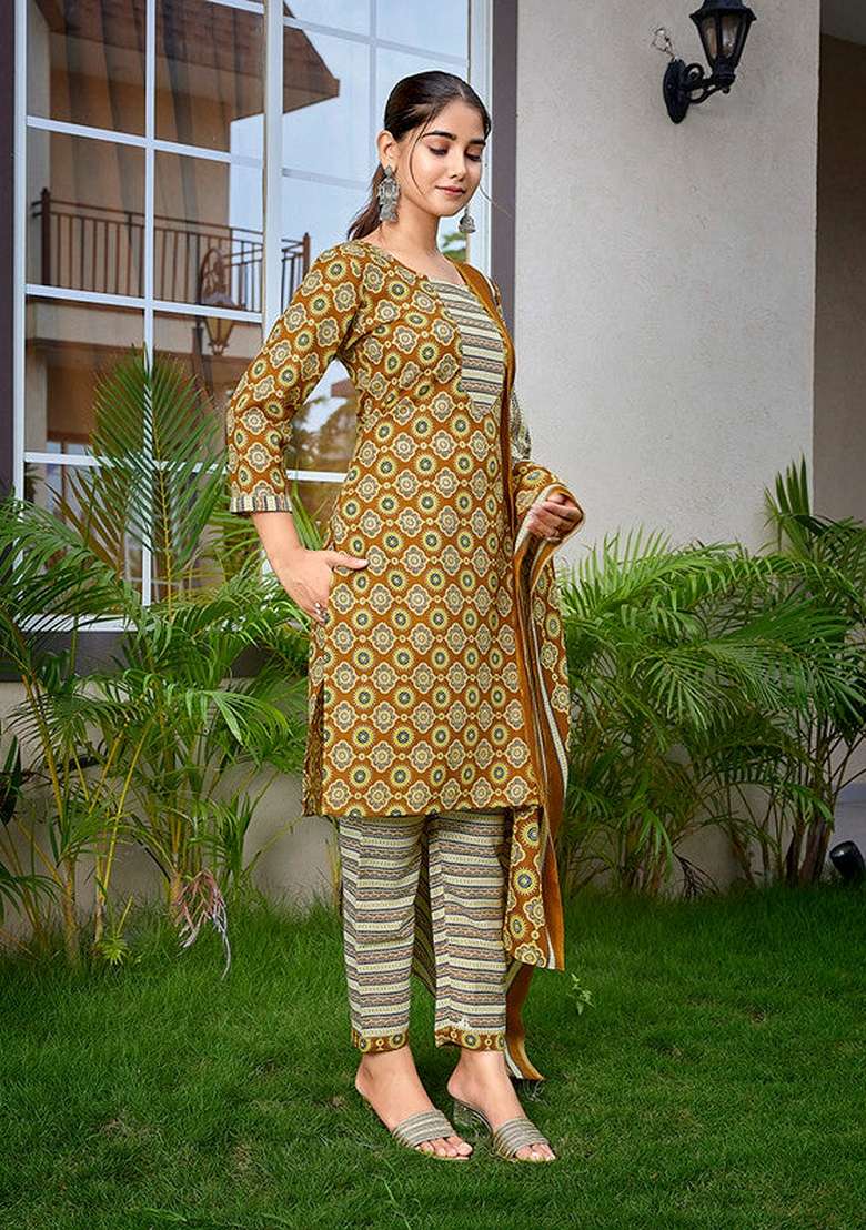Mustard Yellow Printed Cotton Straight Kurta Set - Indya