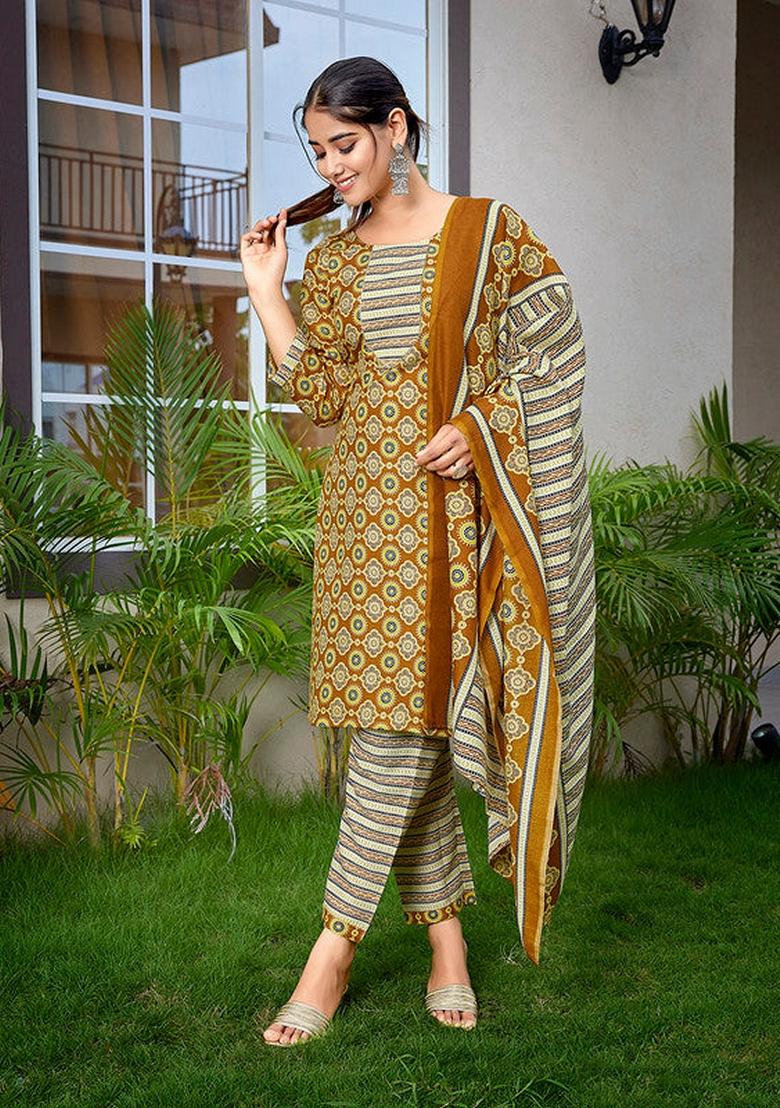 Mustard Yellow Printed Cotton Blend Salwar Kameez With Dupatta