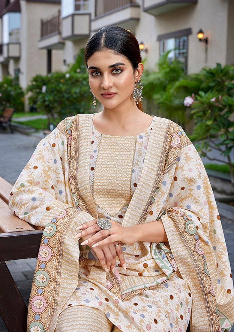 Yellow Printed Cotton Blend Salwar Kameez With Dupatta