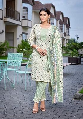 Green Printed Cotton Blend Salwar Kameez With Dupatta