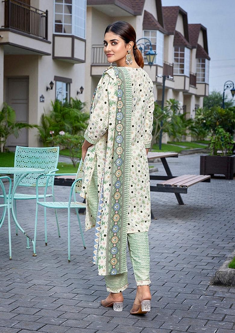 Green Printed Cotton Blend Salwar Kameez With Dupatta