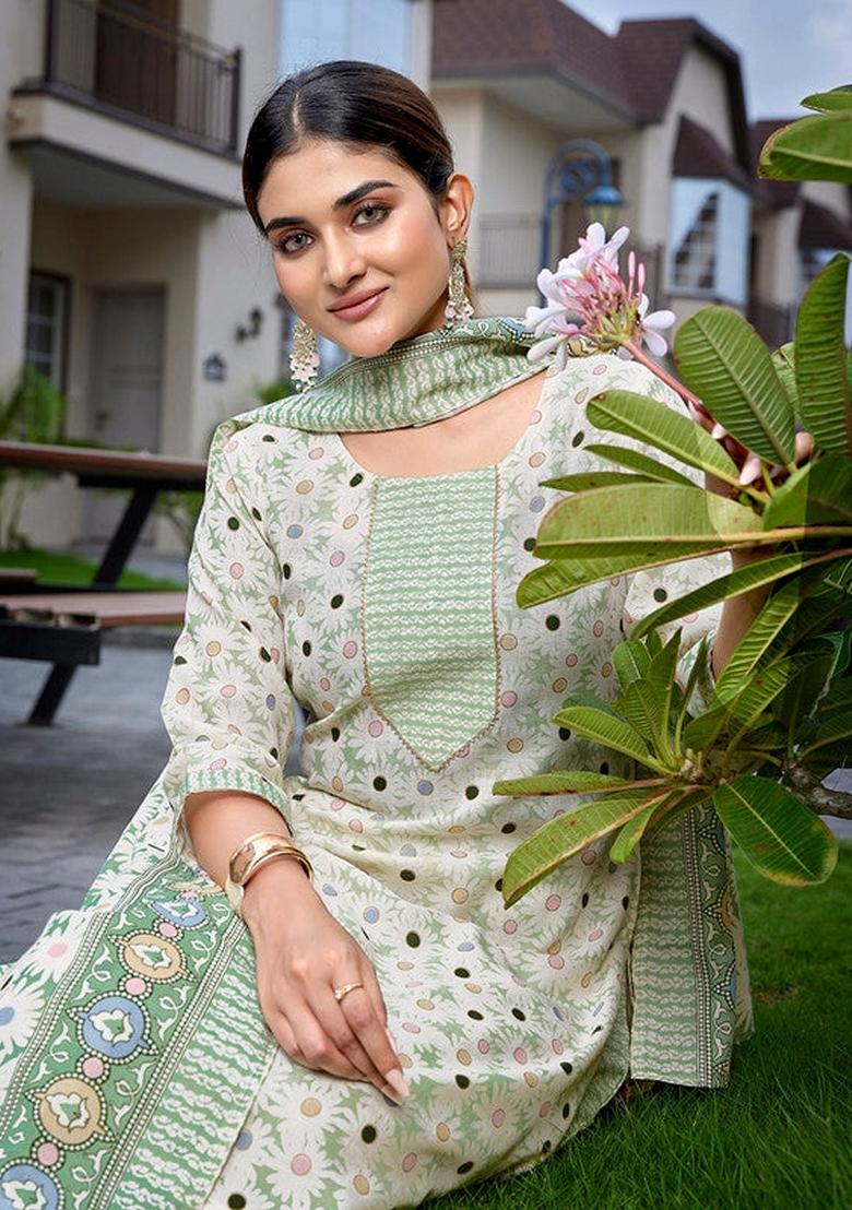 Green Printed Cotton Blend Salwar Kameez With Dupatta