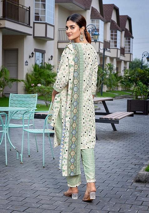 Green Printed Cotton Blend Salwar Kameez With Dupatta