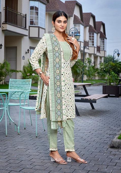 Green Printed Cotton Blend Salwar Kameez With Dupatta