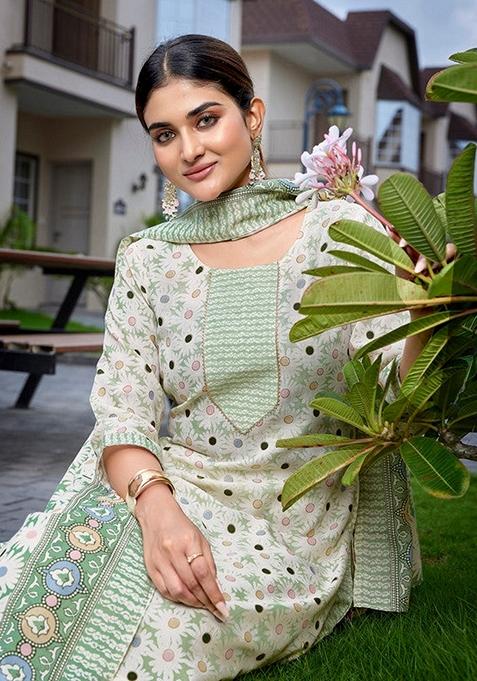 Green Printed Cotton Blend Salwar Kameez With Dupatta