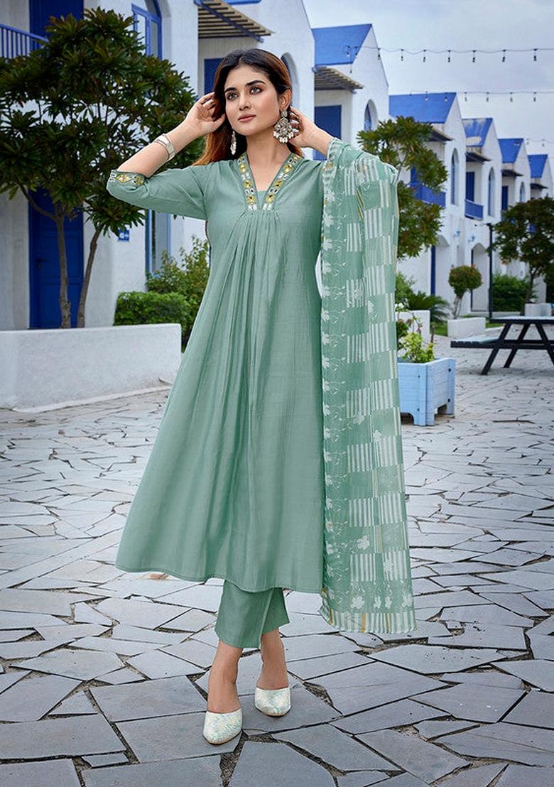 Light Green Solid Viscose Salwar Kameez With Dupatta