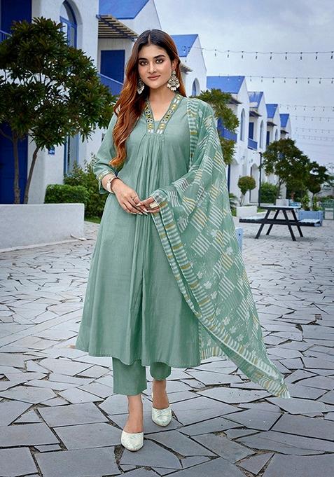 Light Green Solid Viscose Salwar Kameez With Dupatta