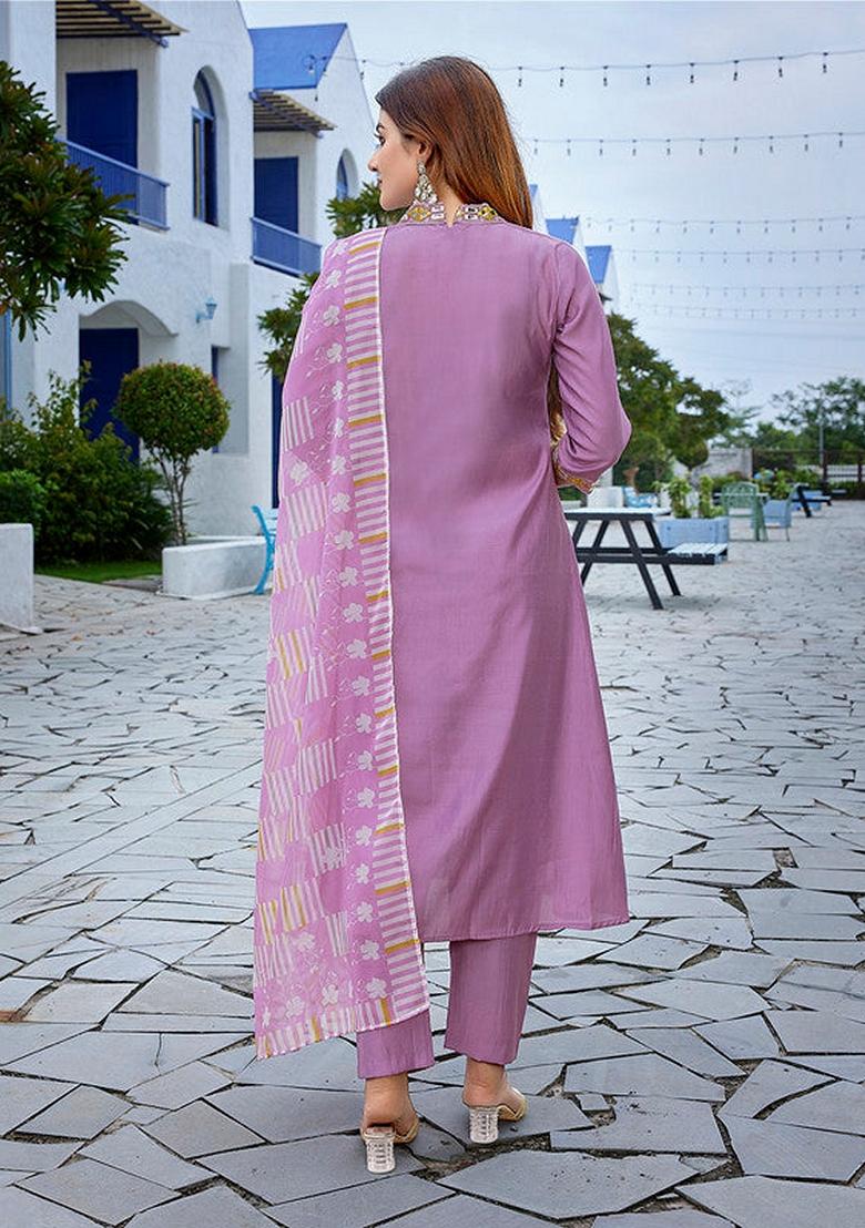 Lavender Solid Viscose Salwar Kameez With Dupatta
