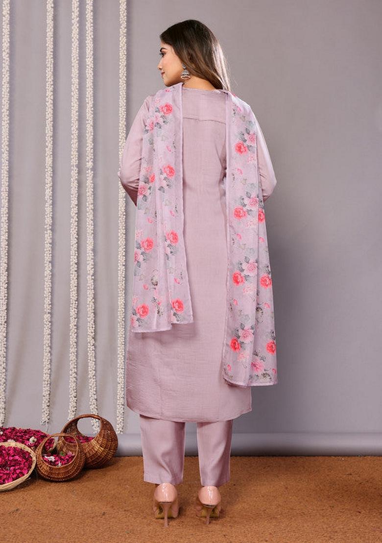 Lavender Embroidered Chanderi Salwar Kameez With Dupatta