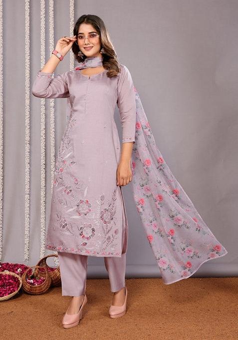 Lavender Embroidered Chanderi Salwar Kameez With Dupatta