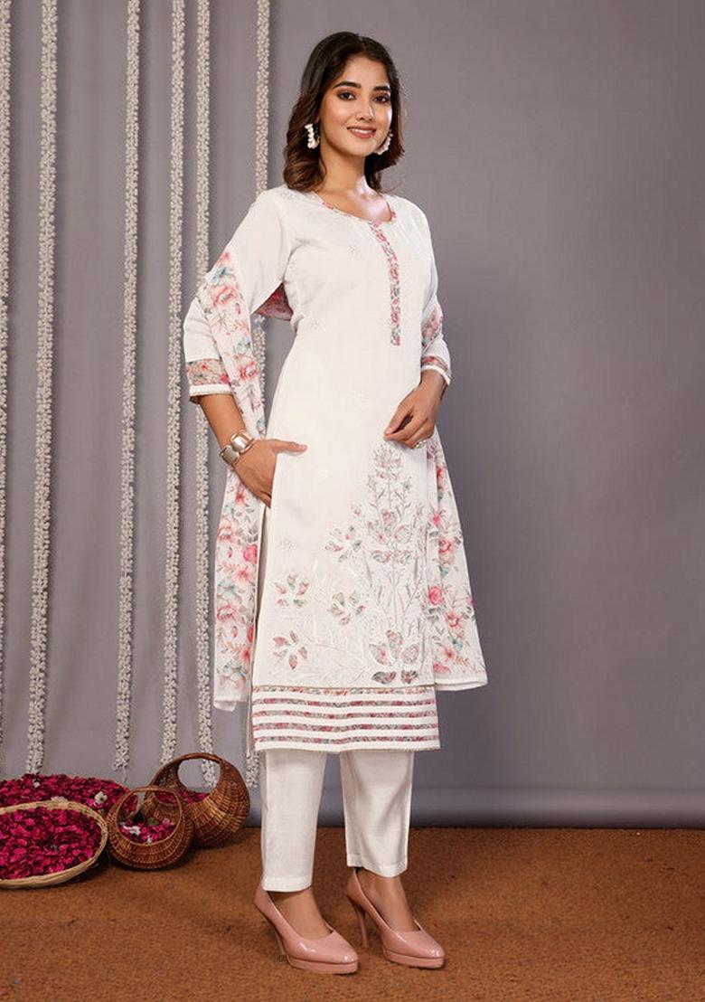 White Embroidered Chanderi Salwar Kameez With Dupatta