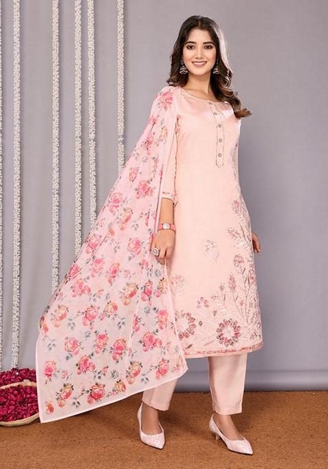 Pink Embroidered Chanderi Salwar Kameez With Dupatta