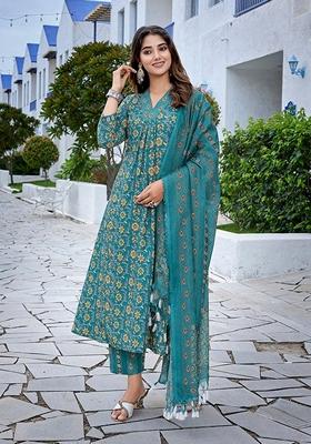 Teal Blue Printed Viscose Salwar Kameez With Dupatta