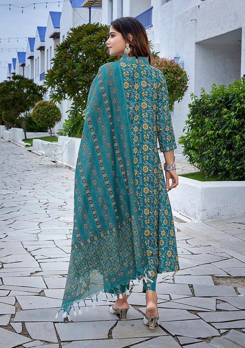 Teal Blue Printed Viscose Salwar Kameez With Dupatta