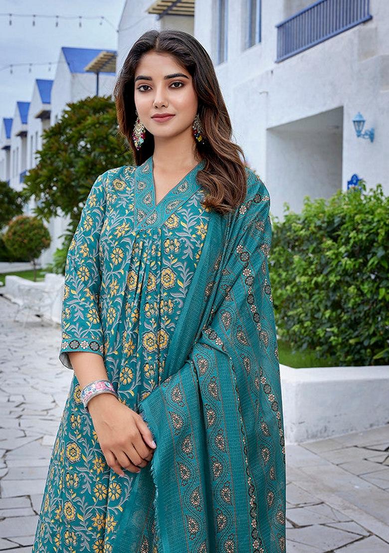 Teal Blue Printed Viscose Salwar Kameez With Dupatta
