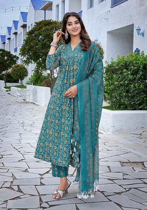 Teal Blue Printed Viscose Salwar Kameez With Dupatta