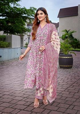 Pink Printed Viscose Salwar Kameez With Dupatta
