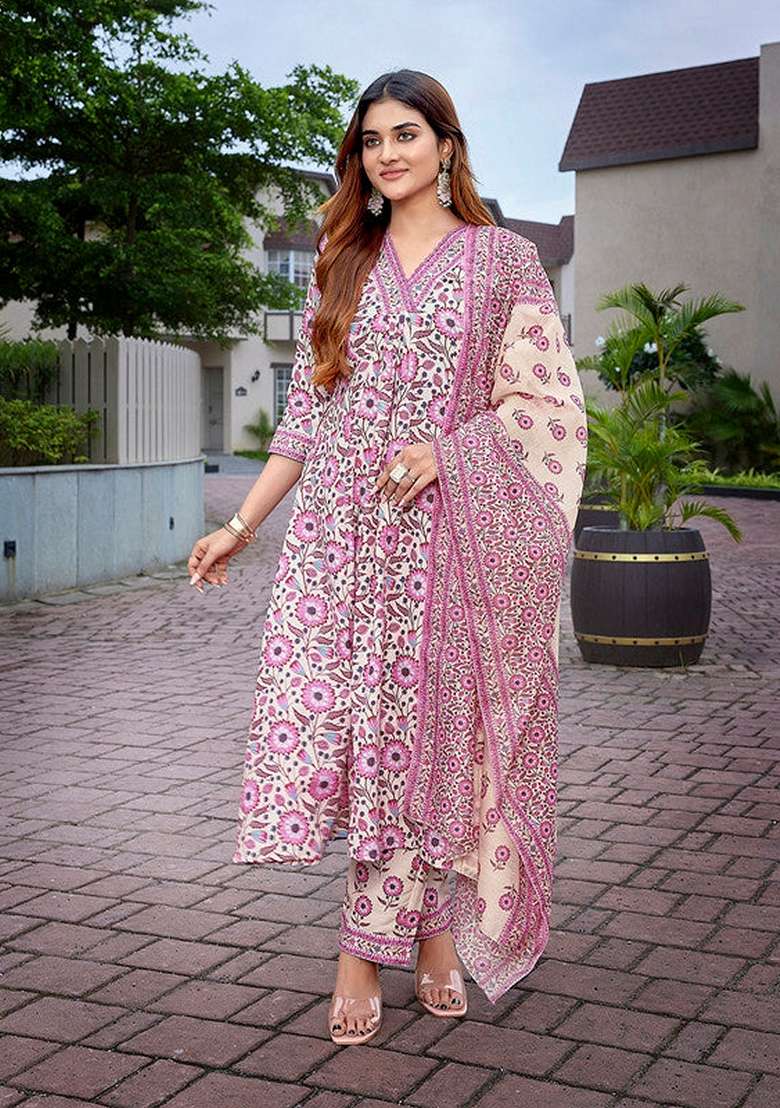 Pink Printed Viscose Anarkali Set - Indya