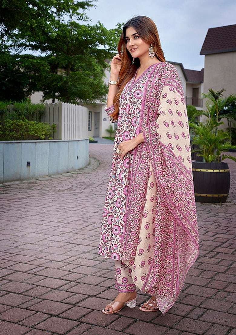 Pink Printed Viscose Anarkali Set - Indya