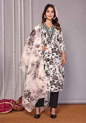 White And Black Embroidered Cotton Blend Salwar Kameez With Dupatta